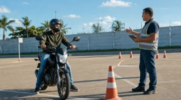 Jovem de capacete em moto parada no pátio de treino da autoescola, recebendo orientação do instrutor antes da aula prática para a primeira CNH.